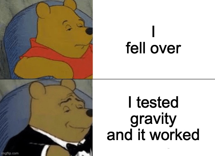 gravity | I fell over; I tested gravity and it worked | image tagged in memes,tuxedo winnie the pooh | made w/ Imgflip meme maker