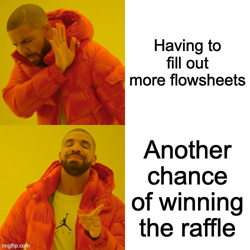 Drake Hotline Bling Meme | Having to fill out more flowsheets; Another chance of winning the raffle | image tagged in memes,drake hotline bling | made w/ Imgflip meme maker
