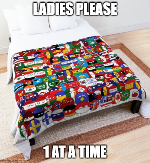 Countryballs themed hotel room | LADIES PLEASE; 1 AT A TIME | image tagged in countryballs themed hotel room | made w/ Imgflip meme maker