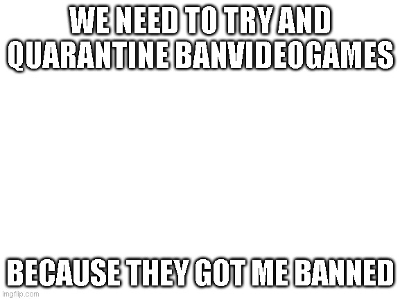 lets do this | WE NEED TO TRY AND QUARANTINE BANVIDEOGAMES; BECAUSE THEY GOT ME BANNED | image tagged in blank white template | made w/ Imgflip meme maker