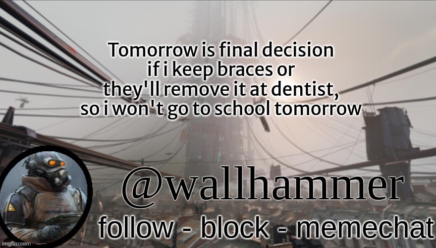 Wallhammer temp (thanks Bluehonu) | Tomorrow is final decision if i keep braces or they'll remove it at dentist, so i won't go to school tomorrow | image tagged in wallhammer temp thanks bluehonu | made w/ Imgflip meme maker