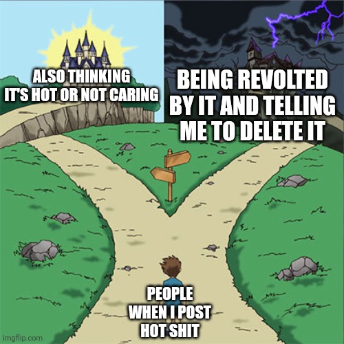 Two Paths | ALSO THINKING IT'S HOT OR NOT CARING; BEING REVOLTED BY IT AND TELLING ME TO DELETE IT; PEOPLE WHEN I POST HOT SHIT | image tagged in two paths | made w/ Imgflip meme maker
