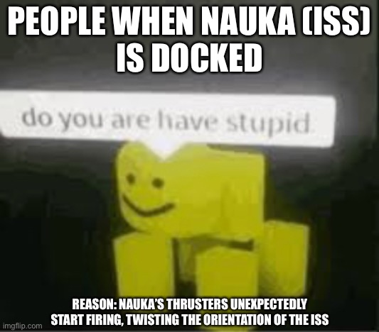 do you are have stupid | PEOPLE WHEN NAUKA (ISS)
IS DOCKED; REASON: NAUKA’S THRUSTERS UNEXPECTEDLY START FIRING, TWISTING THE ORIENTATION OF THE ISS | image tagged in do you are have stupid | made w/ Imgflip meme maker