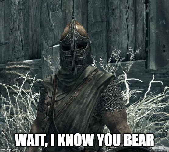 SkyrimGuard | WAIT, I KNOW YOU BEAR | image tagged in skyrimguard | made w/ Imgflip meme maker
