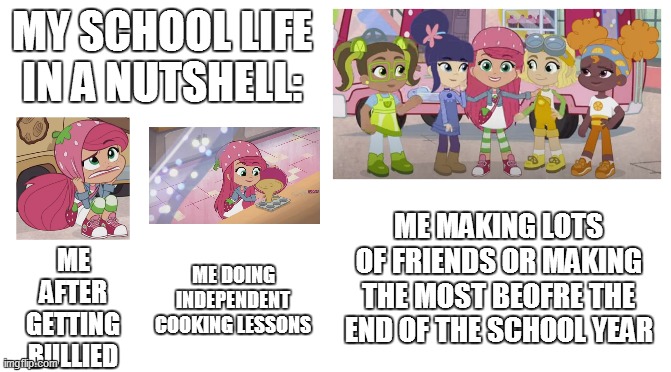 How my life at school went | MY SCHOOL LIFE IN A NUTSHELL:; ME MAKING LOTS OF FRIENDS OR MAKING THE MOST BEOFRE THE END OF THE SCHOOL YEAR; ME AFTER GETTING BULLIED; ME DOING INDEPENDENT COOKING LESSONS | image tagged in school,school meme,back to school,memes,strawberry shortcake,strawberry shortcake berry in the big city | made w/ Imgflip meme maker