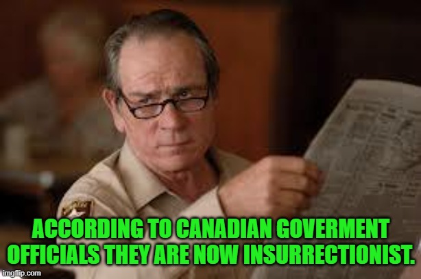 no country for old men tommy lee jones | ACCORDING TO CANADIAN GOVERMENT OFFICIALS THEY ARE NOW INSURRECTIONIST. | image tagged in no country for old men tommy lee jones | made w/ Imgflip meme maker