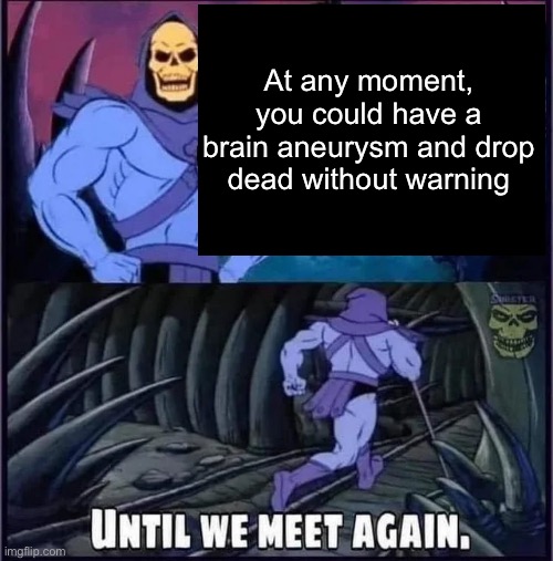 Until we meet again. | At any moment, you could have a brain aneurysm and drop dead without warning | image tagged in until we meet again | made w/ Imgflip meme maker