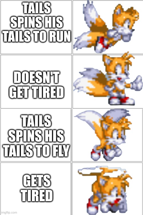 it doesn't make sense | TAILS SPINS HIS TAILS TO RUN; DOESN'T GET TIRED; TAILS SPINS HIS TAILS TO FLY; GETS TIRED | image tagged in blank comic panel 2x4,sonic the hedgehog,tails the fox | made w/ Imgflip meme maker