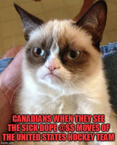 Grumpy Cat | CANADIANS WHEN THEY SEE THE SICK DOPE @$$ MOVES OF THE UNITED STATES HOCKEY TEAM | image tagged in memes,grumpy cat | made w/ Imgflip meme maker