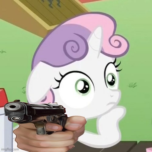 Sweetie Belle has a gun | image tagged in contemplating sweetie belle,sweetie belle,mlp,beretta,its time to stop | made w/ Imgflip meme maker