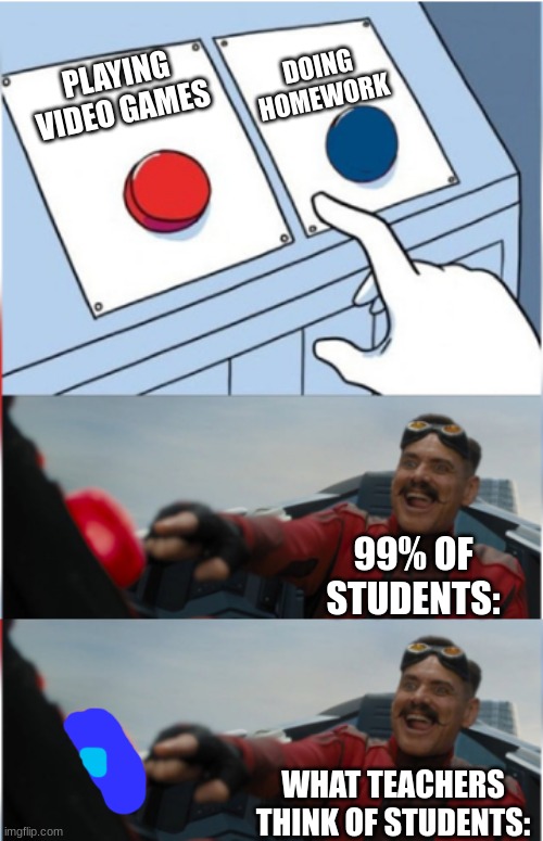 DOING HOMEWORK; PLAYING VIDEO GAMES; 99% OF STUDENTS:; WHAT TEACHERS THINK OF STUDENTS: | image tagged in robotnik pressing red button | made w/ Imgflip meme maker