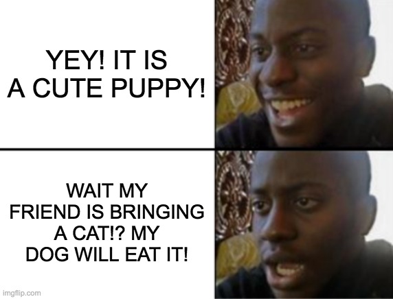 Oh yeah! Oh no... | YEY! IT IS A CUTE PUPPY! WAIT MY FRIEND IS BRINGING A CAT!? MY DOG WILL EAT IT! | image tagged in oh yeah oh no | made w/ Imgflip meme maker