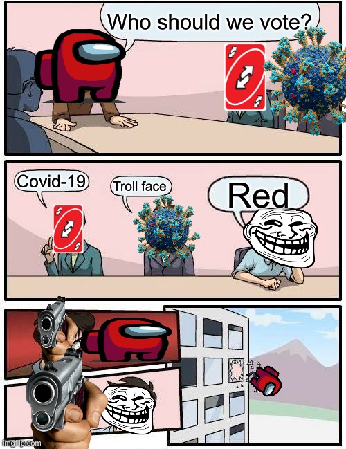 This went wrong | Who should we vote? Covid-19; Troll face; Red | image tagged in memes,boardroom meeting suggestion | made w/ Imgflip meme maker