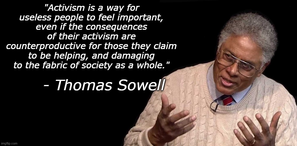 One of the greatest minds ever. |  "Activism is a way for useless people to feel important, even if the consequences of their activism are counterproductive for those they claim to be helping, and damaging to the fabric of society as a whole."; - Thomas Sowell | image tagged in thomas sowell,activism,liberal logic,liberal hypocrisy | made w/ Imgflip meme maker