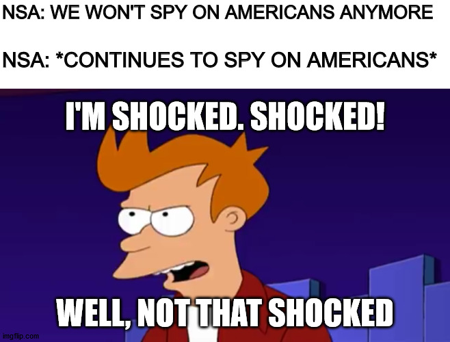I am shocked. Shocked! Well, not that shocked | NSA: WE WON'T SPY ON AMERICANS ANYMORE; NSA: *CONTINUES TO SPY ON AMERICANS*; I'M SHOCKED. SHOCKED! WELL, NOT THAT SHOCKED | image tagged in i am shocked shocked well not that shocked | made w/ Imgflip meme maker
