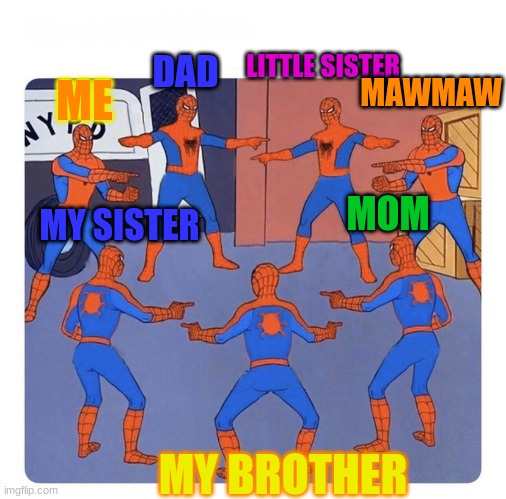 Family | MAWMAW; DAD; LITTLE SISTER; ME; MOM; MY SISTER; MY BROTHER | image tagged in 7 spidermen pointing | made w/ Imgflip meme maker