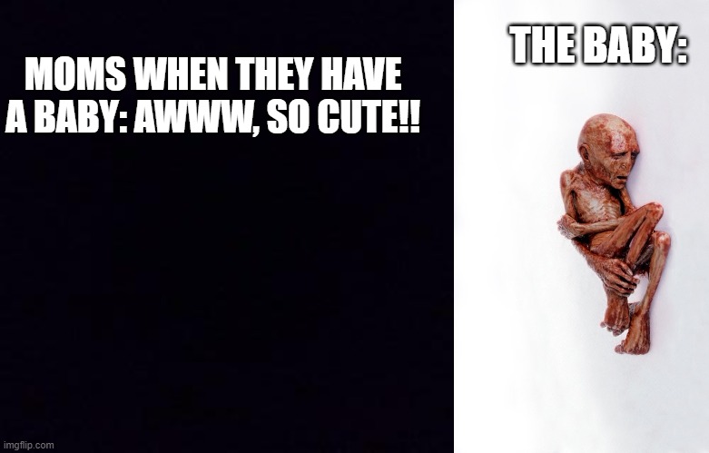THE BABY:; MOMS WHEN THEY HAVE A BABY: AWWW, SO CUTE!! | image tagged in black screen | made w/ Imgflip meme maker