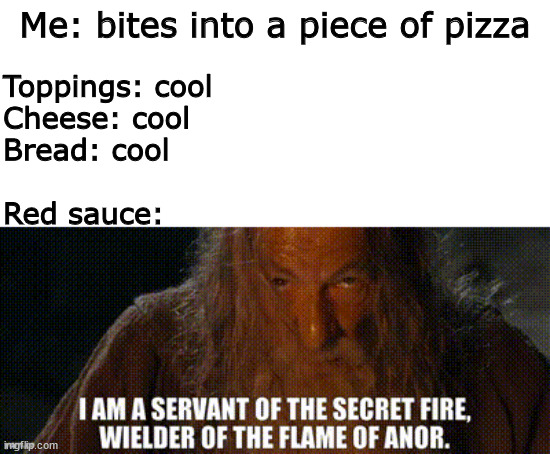 tfw your gums burn off |  Me: bites into a piece of pizza; Toppings: cool
Cheese: cool
Bread: cool
 
Red sauce: | image tagged in funny memes,pizza,gandalf | made w/ Imgflip meme maker