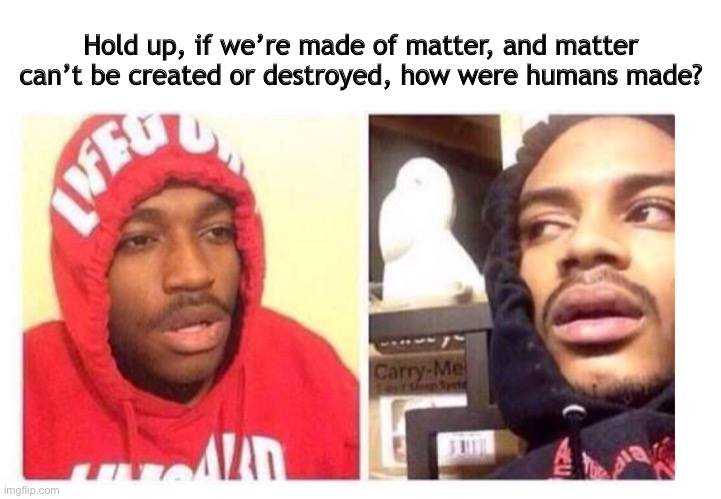 Hold it… | Hold up, if we’re made of matter, and matter can’t be created or destroyed, how were humans made? | image tagged in hits blunt,questionable,funny,gifs,pets | made w/ Imgflip meme maker