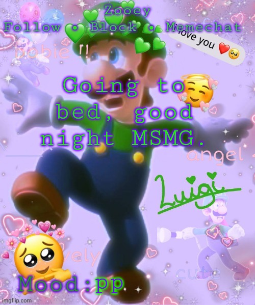 Going to bed, good night MSMG. pp | image tagged in zooey's luigi announcement temp | made w/ Imgflip meme maker