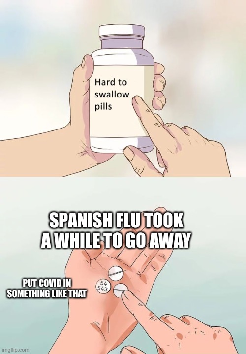 Hard To Swallow Pills | SPANISH FLU TOOK A WHILE TO GO AWAY; PUT COVID IN SOMETHING LIKE THAT | image tagged in memes,hard to swallow pills | made w/ Imgflip meme maker