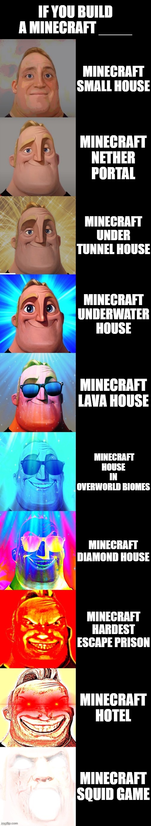mr incredible becoming canny | IF YOU BUILD A MINECRAFT ____; MINECRAFT SMALL HOUSE; MINECRAFT NETHER PORTAL; MINECRAFT UNDER TUNNEL HOUSE; MINECRAFT UNDERWATER HOUSE; MINECRAFT LAVA HOUSE; MINECRAFT HOUSE IN OVERWORLD BIOMES; MINECRAFT DIAMOND HOUSE; MINECRAFT HARDEST ESCAPE PRISON; MINECRAFT HOTEL; MINECRAFT SQUID GAME | image tagged in mr incredible becoming canny | made w/ Imgflip meme maker