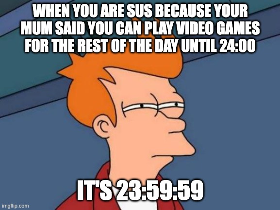 Futurama Fry Meme | WHEN YOU ARE SUS BECAUSE YOUR MUM SAID YOU CAN PLAY VIDEO GAMES FOR THE REST OF THE DAY UNTIL 24:00; IT'S 23:59:59 | image tagged in memes,futurama fry | made w/ Imgflip meme maker