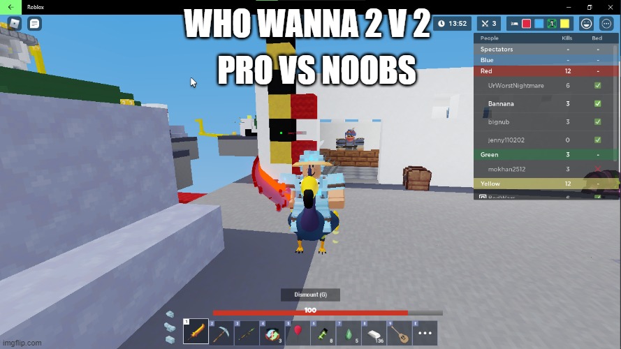 Roblox bedwars commands are allowed | PRO VS NOOBS; WHO WANNA 2 V 2 | image tagged in pls | made w/ Imgflip meme maker