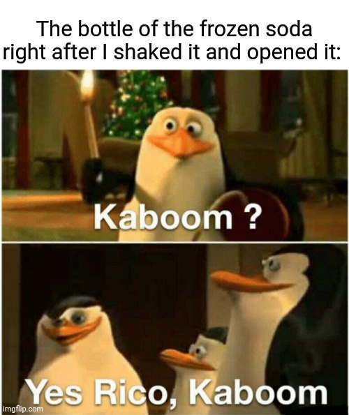 The bottle of the frozen soda | The bottle of the frozen soda right after I shaked it and opened it: | image tagged in kaboom yes rico kaboom,frozen,soda,memes,meme,kaboom | made w/ Imgflip meme maker