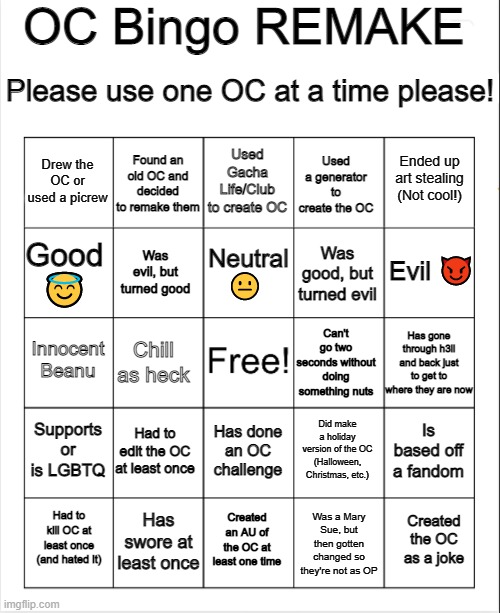 High Quality OC Bingo REMAKE Blank Meme Template