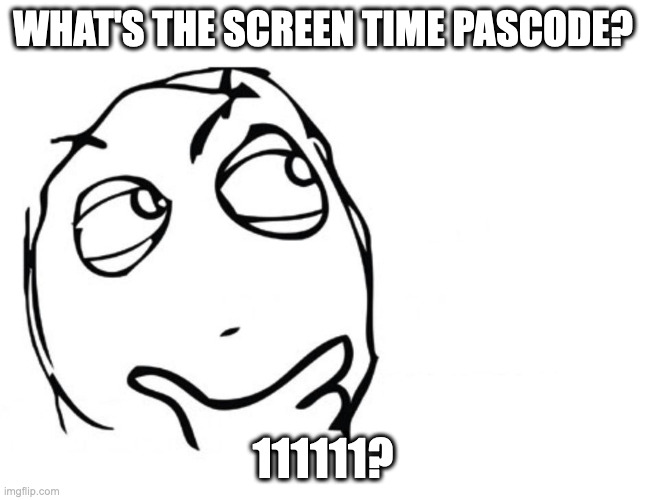 Hmmmmmmmmmm, What's the screen time passcode? | WHAT'S THE SCREEN TIME PASCODE? 111111? | image tagged in hmmm,screen | made w/ Imgflip meme maker