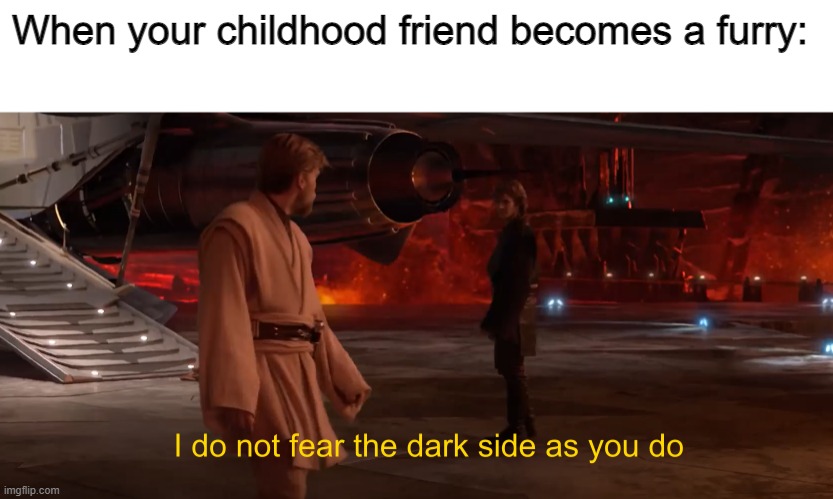 I do not fear the dark side, not anymore | When your childhood friend becomes a furry: | image tagged in star wars,star wars prequels,furries,memes,furry,anti furry | made w/ Imgflip meme maker