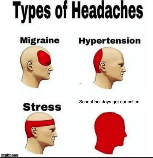 Types of Headaches meme | School holidays get cancelled | image tagged in types of headaches meme | made w/ Imgflip meme maker
