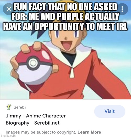 she know what state i live in and she said she’s not that far from the state | FUN FACT THAT NO ONE ASKED FOR: ME AND PURPLE ACTUALLY HAVE AN OPPORTUNITY TO MEET IRL | image tagged in im in pokemon | made w/ Imgflip meme maker