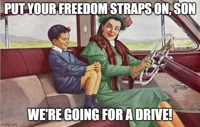 no seat belts | PUT YOUR FREEDOM STRAPS ON, SON; WE'RE GOING FOR A DRIVE! | image tagged in no seat belts | made w/ Imgflip meme maker
