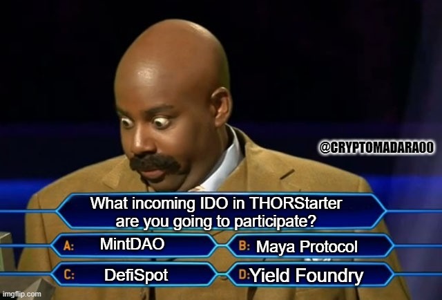 Honestly, I am confused on what to choose. | @CRYPTOMADARA00; What incoming IDO in THORStarter are you going to participate? MintDAO; Maya Protocol; Yield Foundry; DefiSpot | image tagged in who wants to be a millionaire,memes,thorstarter,xrune,cryptocurrency,cryptomadara00 | made w/ Imgflip meme maker