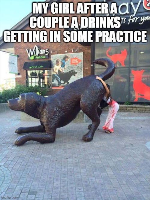 My girl after a couple a drinks getting in some practice | MY GIRL AFTER A COUPLE A DRINKS GETTING IN SOME PRACTICE | image tagged in girl in large dog,memes,rimming,ass,oral | made w/ Imgflip meme maker