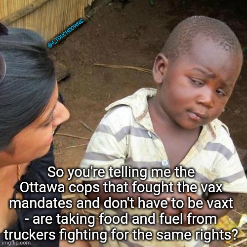 Clown World | @4_TOUCHDOWNS; So you're telling me the Ottawa cops that fought the vax mandates and don't have to be vaxt - are taking food and fuel from truckers fighting for the same rights? | image tagged in protest,lockdown | made w/ Imgflip meme maker