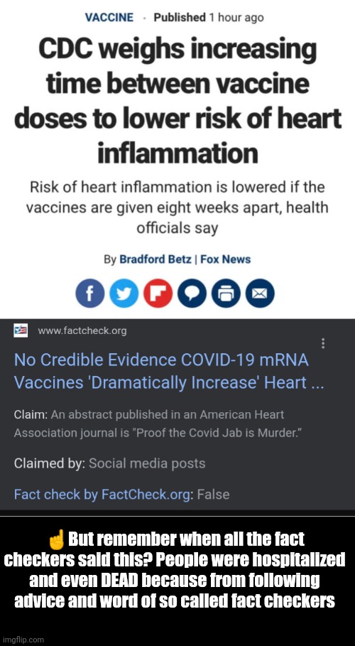 ☝️But remember when all the fact checkers said this? People were hospitalized and even DEAD because from following advice and word of so called fact checkers | image tagged in vaccines,heart inflammation,factcheckers | made w/ Imgflip meme maker
