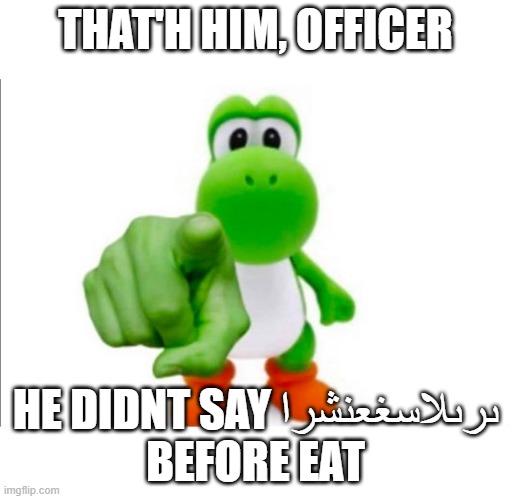 Pointing Yoshi | THAT'H HIM, OFFICER; HE DIDNT SAY ىرىلاسغعنشرا
BEFORE EAT | image tagged in pointing yoshi | made w/ Imgflip meme maker