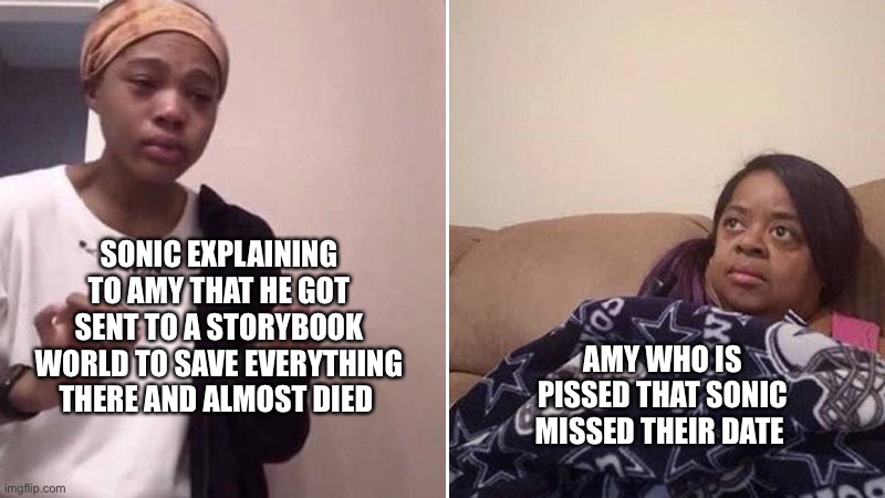 Me explaining to my mom | SONIC EXPLAINING TO AMY THAT HE GOT SENT TO A STORYBOOK WORLD TO SAVE EVERYTHING THERE AND ALMOST DIED; AMY WHO IS PISSED THAT SONIC MISSED THEIR DATE | image tagged in me explaining to my mom | made w/ Imgflip meme maker