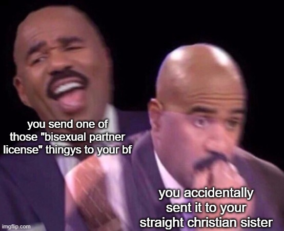 Steve Harvey Laughing Serious | you send one of those "bisexual partner license" thingys to your bf; you accidentally sent it to your straight christian sister | image tagged in steve harvey laughing serious | made w/ Imgflip meme maker