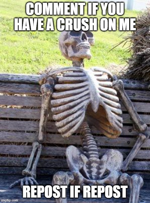 Waiting Skeleton | COMMENT IF YOU HAVE A CRUSH ON ME; REPOST IF REPOST | image tagged in memes,waiting skeleton | made w/ Imgflip meme maker