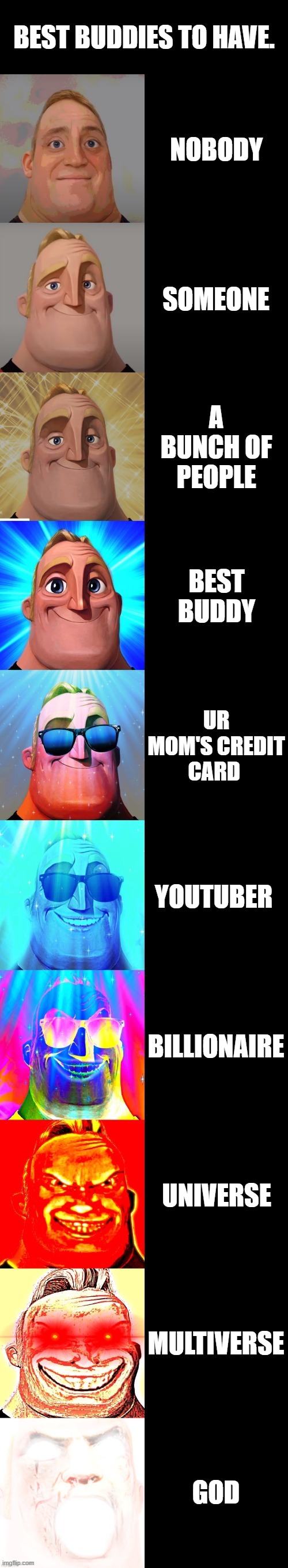 mr incredible becoming canny | BEST BUDDIES TO HAVE. NOBODY; SOMEONE; A BUNCH OF PEOPLE; BEST BUDDY; UR MOM'S CREDIT CARD; YOUTUBER; BILLIONAIRE; UNIVERSE; MULTIVERSE; GOD | image tagged in mr incredible becoming canny | made w/ Imgflip meme maker