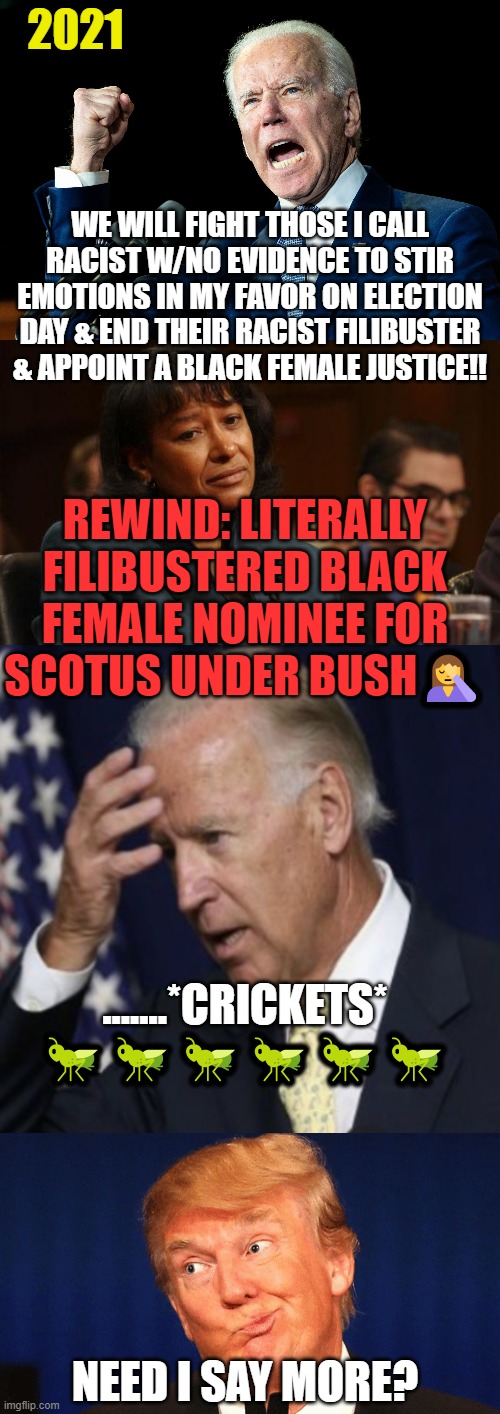 SAY IT AIN'T SO JOE...?! | 2021; WE WILL FIGHT THOSE I CALL RACIST W/NO EVIDENCE TO STIR EMOTIONS IN MY FAVOR ON ELECTION DAY & END THEIR RACIST FILIBUSTER & APPOINT A BLACK FEMALE JUSTICE!! REWIND: LITERALLY FILIBUSTERED BLACK FEMALE NOMINEE FOR SCOTUS UNDER BUSH🤦‍♀️; .......*CRICKETS* 🦗🦗🦗🦗🦗🦗; NEED I SAY MORE? | image tagged in biden scotus,black female justice,cnn,filibuster,racist,hypocrisy | made w/ Imgflip meme maker