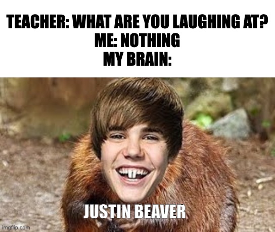 Justin Beaver |  TEACHER: WHAT ARE YOU LAUGHING AT?
ME: NOTHING
MY BRAIN:; JUSTIN BEAVER | image tagged in teacher what are you laughing at | made w/ Imgflip meme maker