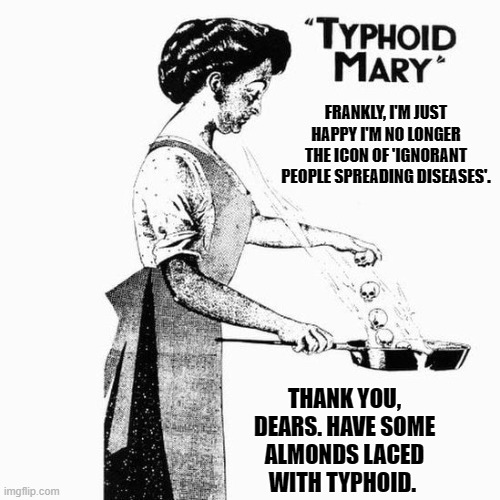 Typhoid Mary | FRANKLY, I'M JUST HAPPY I'M NO LONGER THE ICON OF 'IGNORANT PEOPLE SPREADING DISEASES'. THANK YOU, DEARS. HAVE SOME ALMONDS LACED WITH TYPHOID. | image tagged in typhoid mary | made w/ Imgflip meme maker