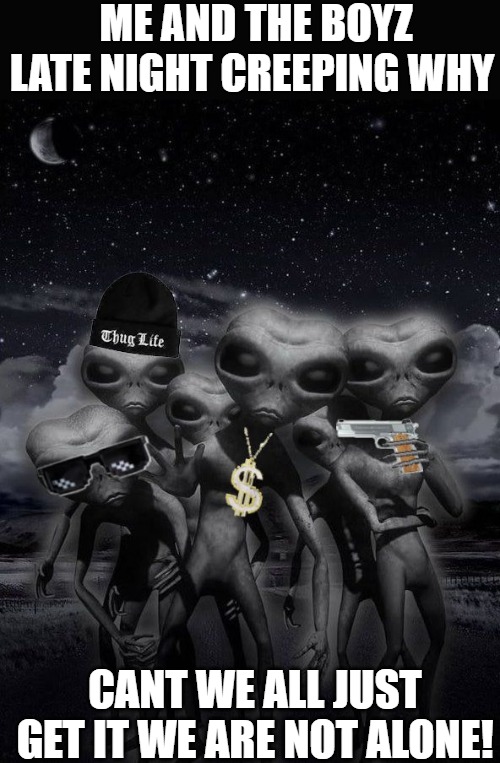 truth you tell us | ME AND THE BOYZ LATE NIGHT CREEPING WHY; CANT WE ALL JUST GET IT WE ARE NOT ALONE! | image tagged in thug alien,aliens,ancient aliens,why aliens won't talk to us,grey aliens | made w/ Imgflip meme maker