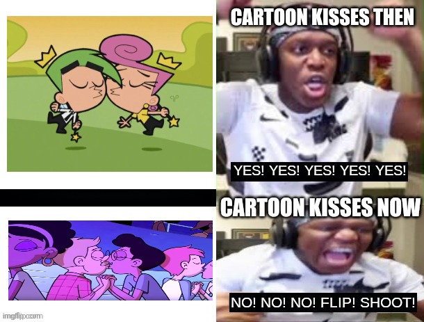Cartoon Kisses then and now | CARTOON KISSES THEN; CARTOON KISSES NOW | image tagged in yes yes yes no no no ksi,cartoons,kiss,then and now,so true,memes | made w/ Imgflip meme maker