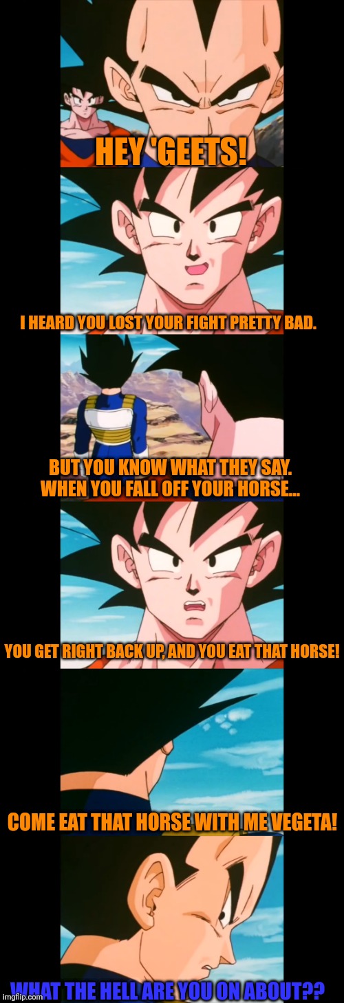 HEY 'GEETS! I HEARD YOU LOST YOUR FIGHT PRETTY BAD. BUT YOU KNOW WHAT THEY SAY. WHEN YOU FALL OFF YOUR HORSE... YOU GET RIGHT BACK UP, AND YOU EAT THAT HORSE! COME EAT THAT HORSE WITH ME VEGETA! WHAT THE HELL ARE YOU ON ABOUT?? | image tagged in goku and vegeta | made w/ Imgflip meme maker